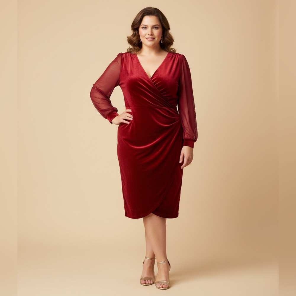H Halston Red Velvet Wrap Midi Dress Mesh Sleeve Plus‎ Size 2X